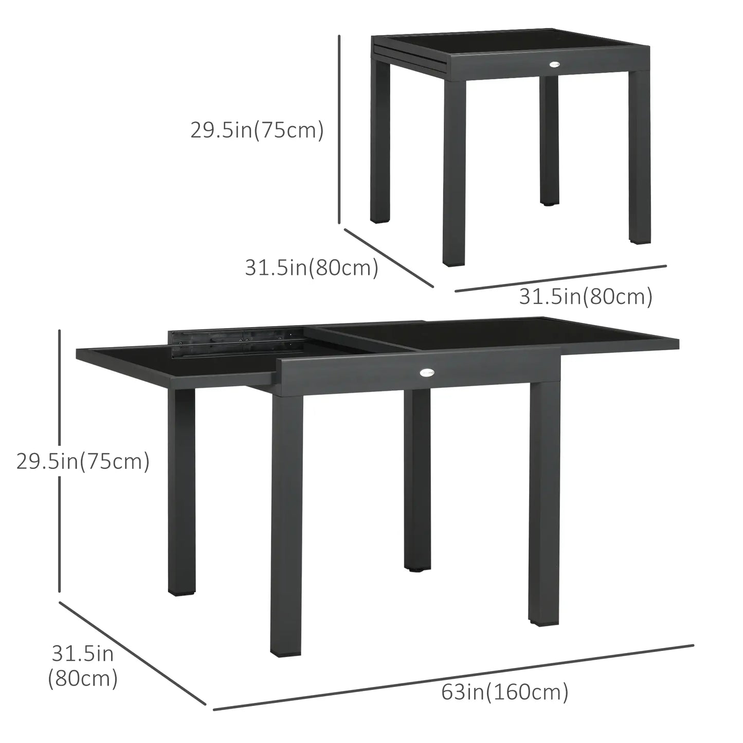 63" Extendable Outdoor Dining Table, Aluminum Frame, Tempered Glass, Black Patio Dinning Tables at Gallery Canada