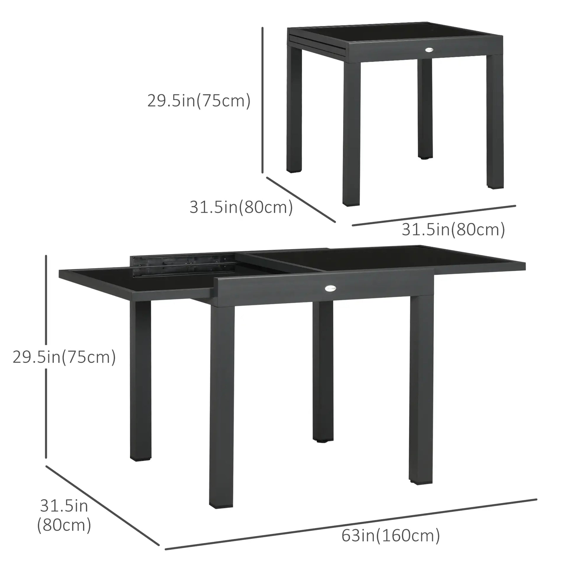 63" Extendable Outdoor Dining Table, Aluminum Frame, Tempered Glass, Black Patio Dinning Tables at Gallery Canada