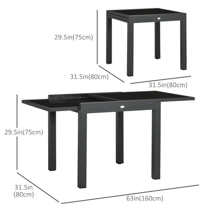 63" Extendable Outdoor Dining Table, Aluminum Frame, Tempered Glass, Black Patio Dinning Tables at Gallery Canada