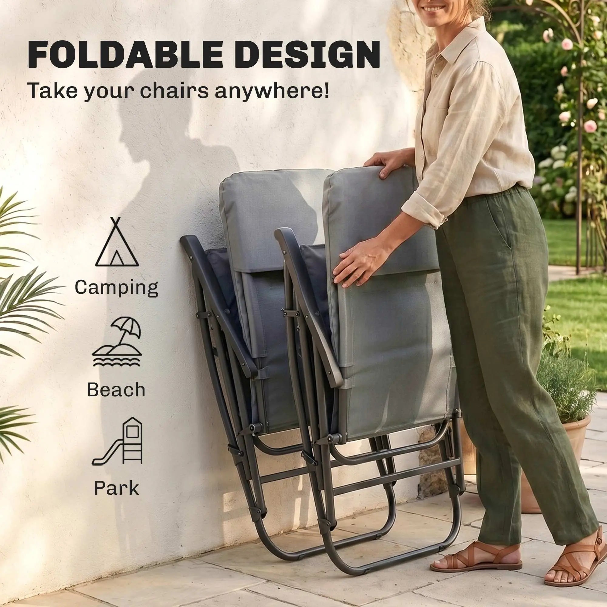 Folding Rocking Chair Set, 2 Padded Rockers with Armrest, Light Grey Outdoor Rocking Chairs at Gallery Canada