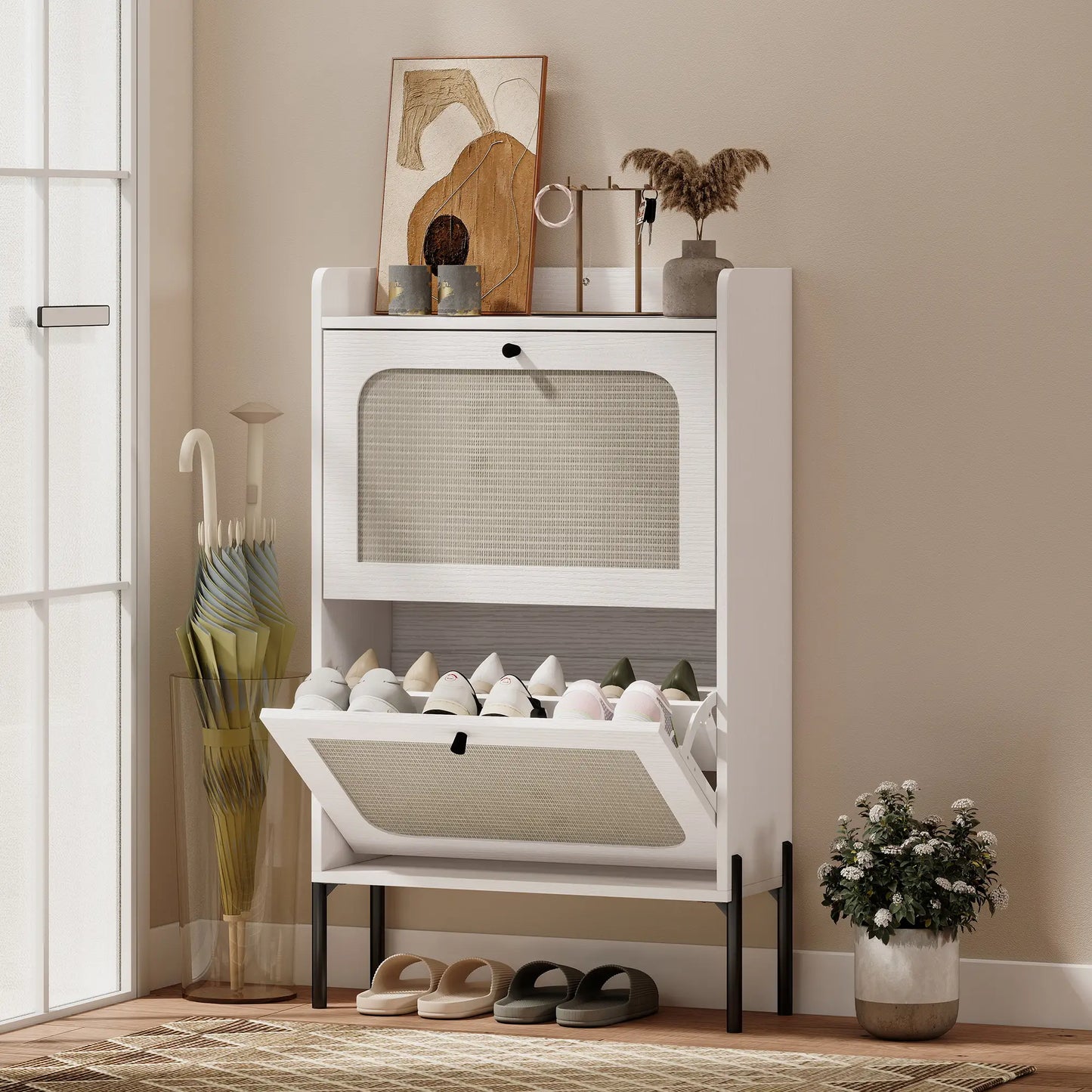 Shoe Cabinet With 2 Flip Drawers, Narrow, White Shoe Storage Cabinets & Racks at Gallery Canada