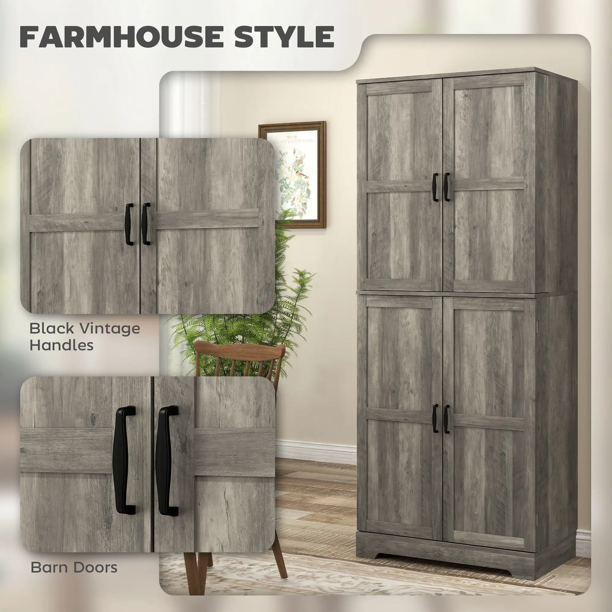 Farmhouse Kitchen Pantry Cabinet, Barn Doors, Adjustable Shelves, Distressed, Grey Storage Cabinets at Gallery Canada