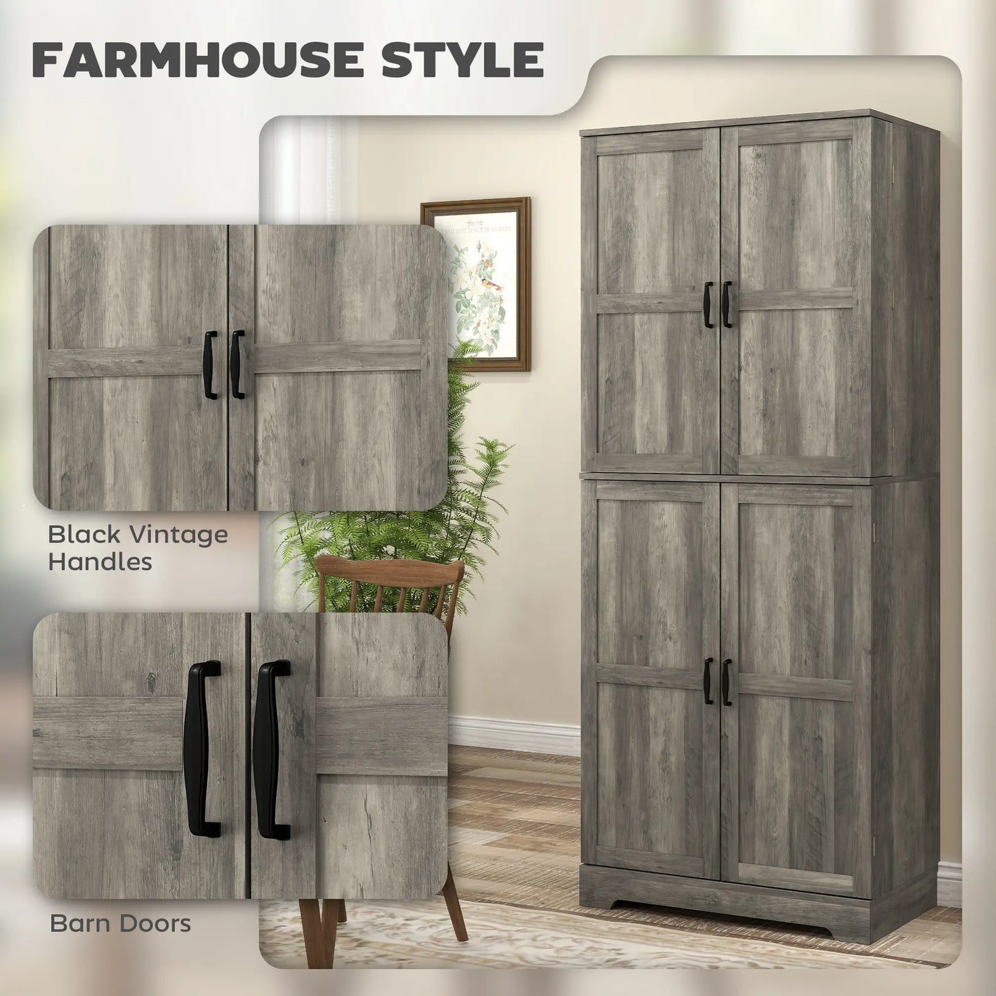Farmhouse Kitchen Pantry Cabinet, Barn Doors, Adjustable Shelves, Distressed, Grey Storage Cabinets at Gallery Canada