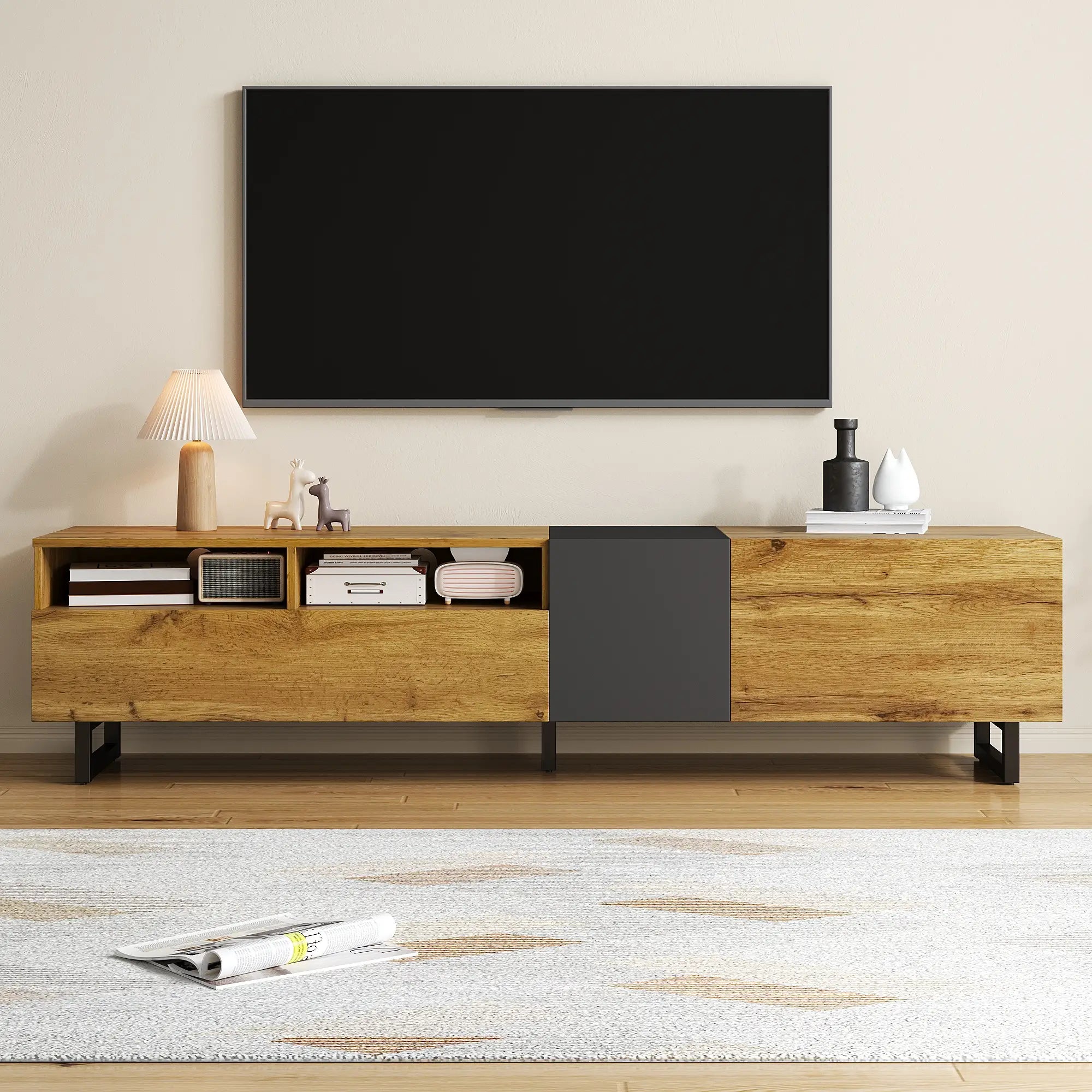 TV Stand, U-Shaped Metal Legs, 3 Doors, 2 Compartments, 67