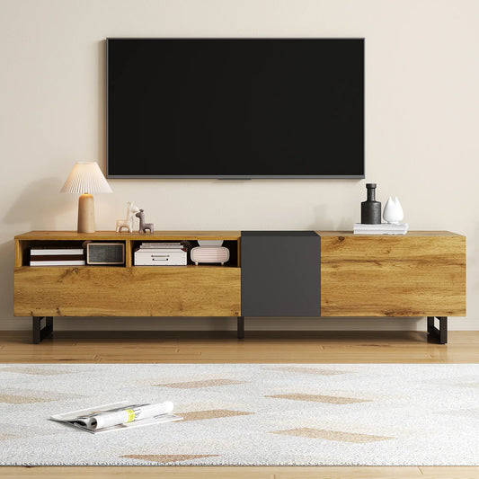 TV Stand, U-Shaped Metal Legs, 3 Doors, 2 Compartments, 67" L x 14" W x 16.5" H, Black+Natural TV Stands Black, Natural at Gallery Canada