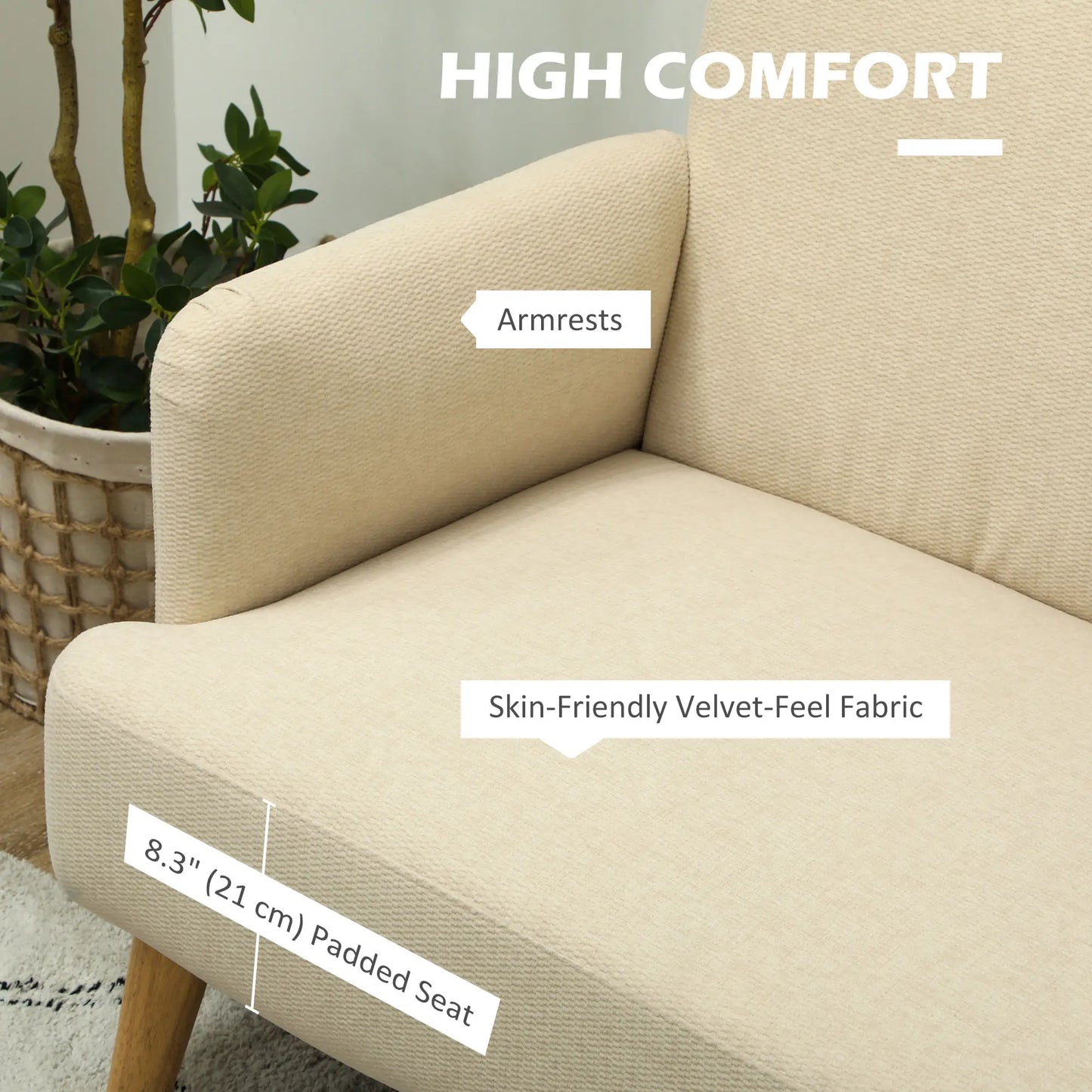 Velvet Fabric 2 Seater Sofa, Small Loveseat 8.3" Thick, Cream White 2-Seater Sofas at Gallery Canada