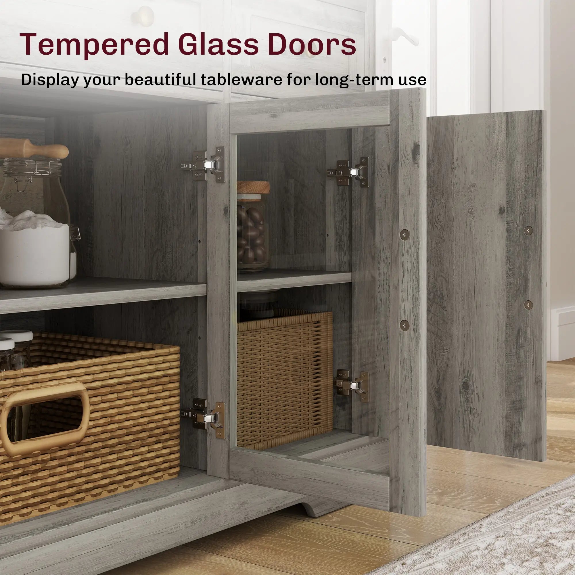 Sideboard Buffet Cabinet, Coffee Bar with Glass Doors, Adjustable Shelves, Weathered Grey Oak, Grey Bar Cabinets at Gallery Canada