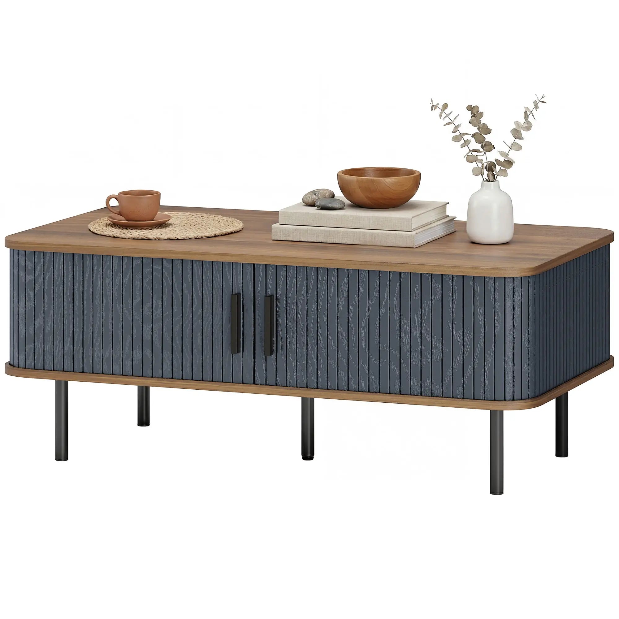 Nordic Side Table with Fluted Tambour Sliding Doors and Steel Legs, Coffee Table with Storage for Living Room, Black Coffee Tables Black, Walnut at Gallery Canada