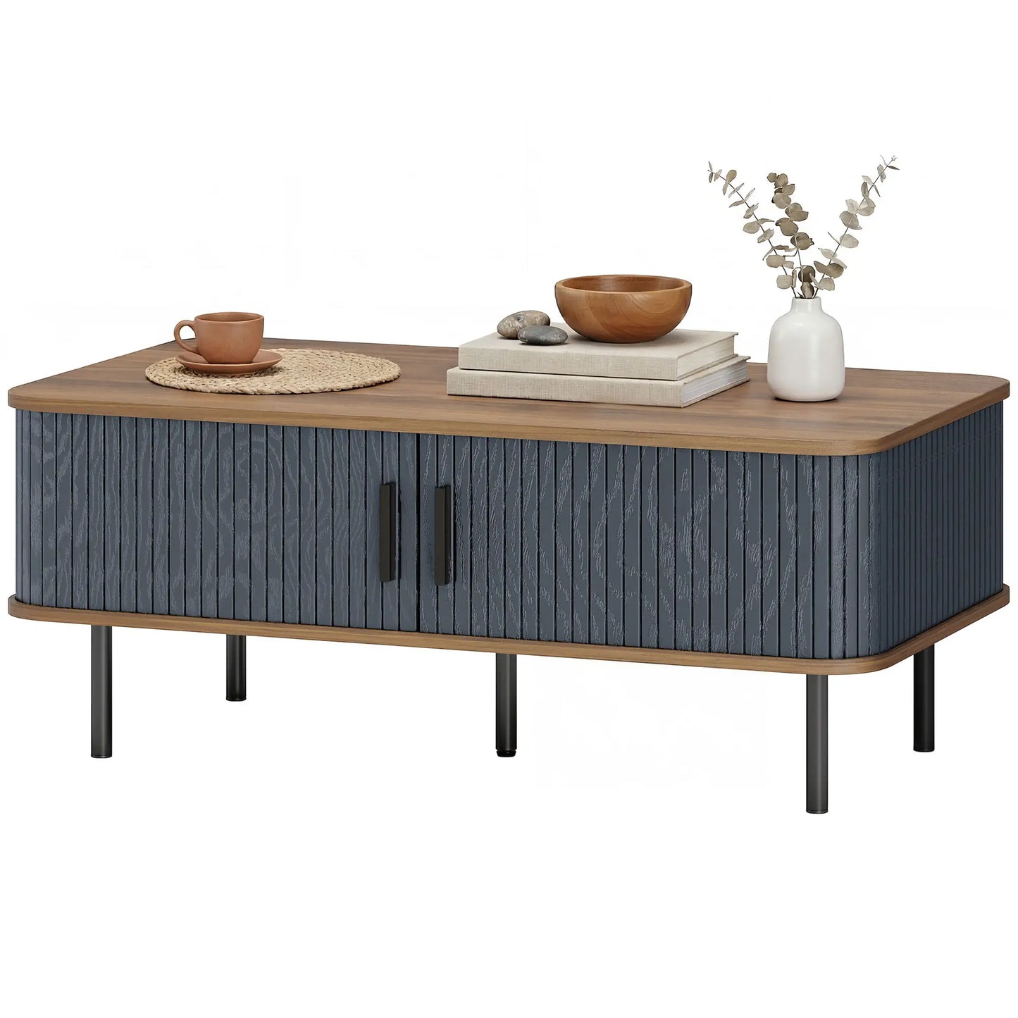 Nordic Side Table with Fluted Tambour Sliding Doors and Steel Legs, Coffee Table with Storage for Living Room, Black Coffee Tables Black, Walnut at Gallery Canada