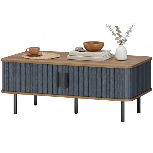 Nordic Side Table with Fluted Tambour Sliding Doors and Steel Legs, Coffee Table with Storage for Living Room, Black