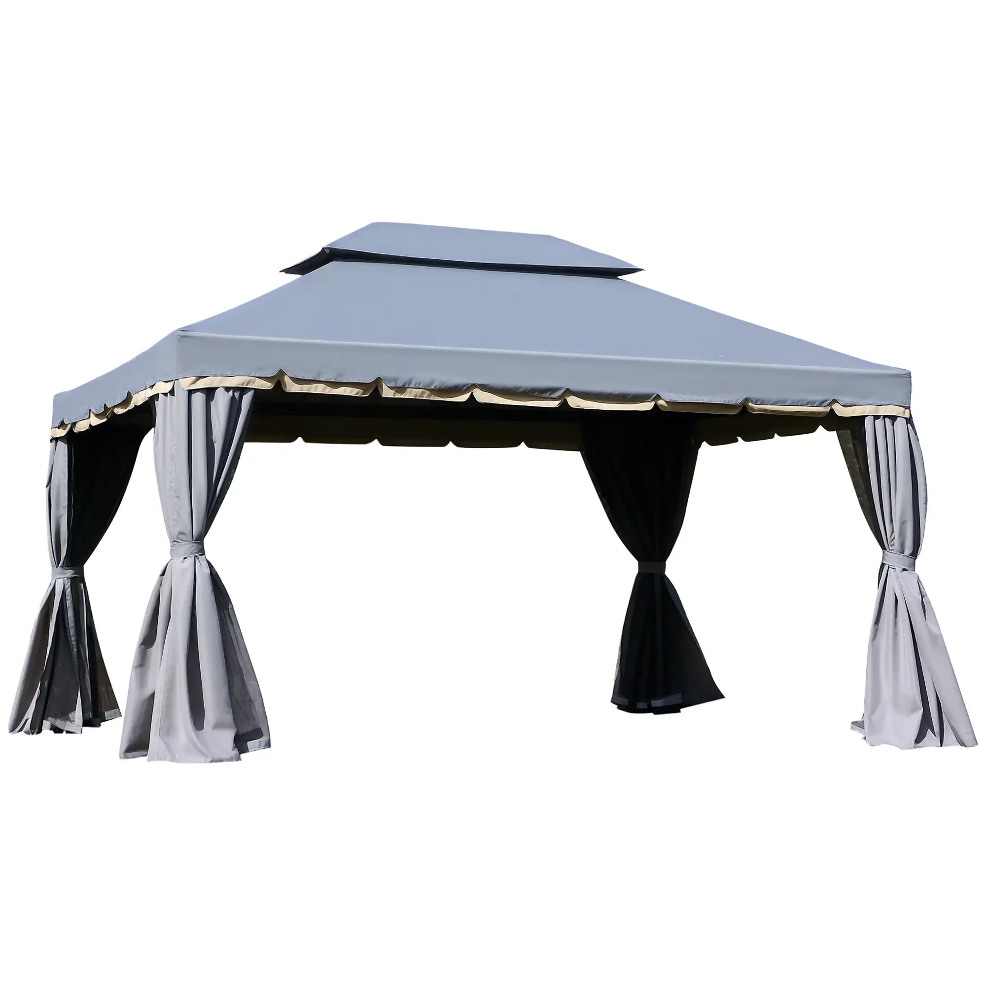 13' x 10' Patio Gazebo, 2-Tier Polyester Roof, Vented Mesh Sidewall, Aluminum Frame, Grey Gazebos Grey at Gallery Canada