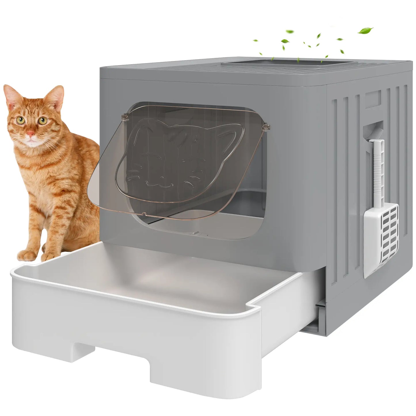 Foldable Cat Litter Box With Lid, Slide-Out Drawer, Scoop, Easy Clean, Grey Cat Litter Box Enclosures at Gallery Canada