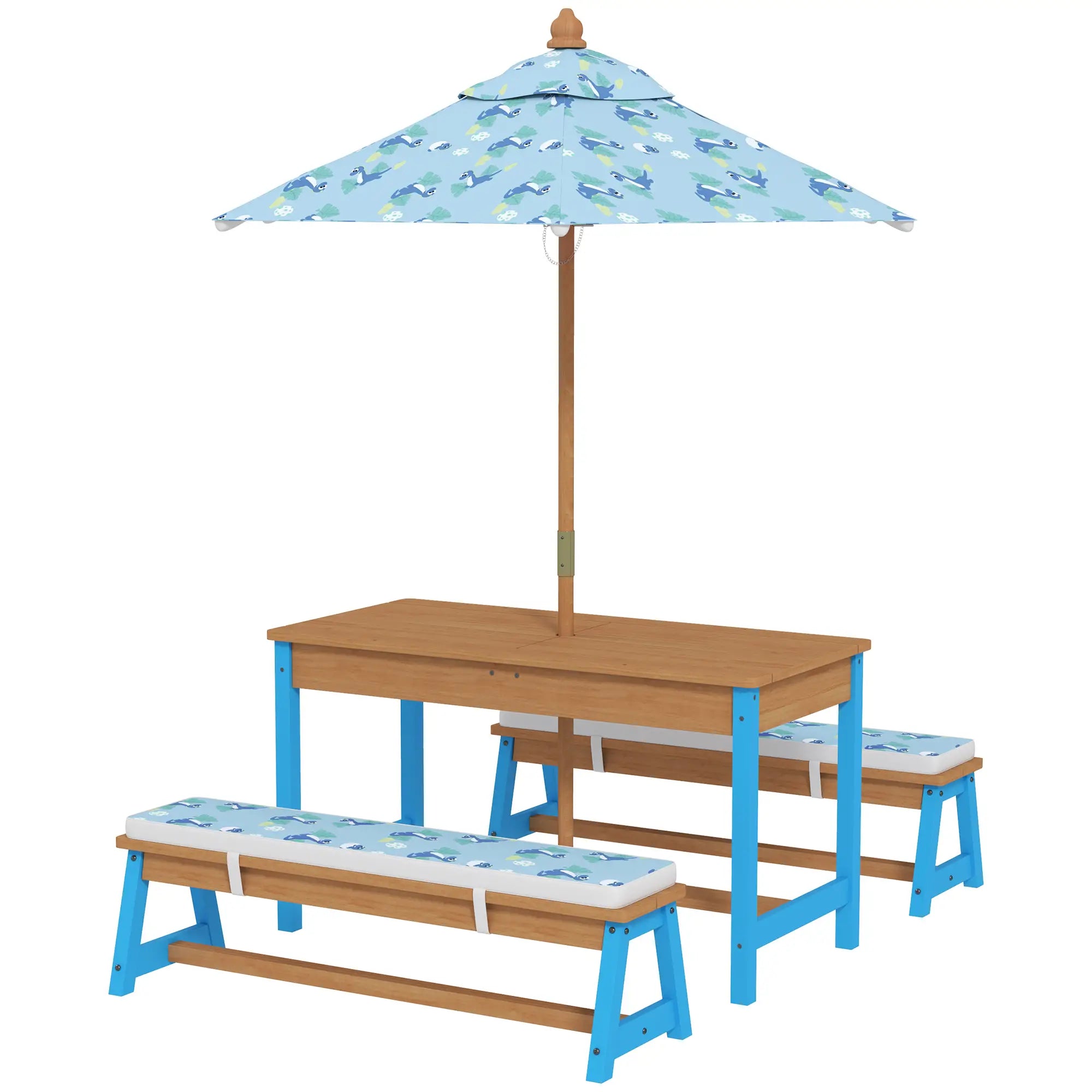 Kids Picnic Table Bench Set with Umbrella, Cushions, Boxes, Dinosaur Theme, Blue Kids Outdoor Furniture Blue, Natural at Gallery Canada