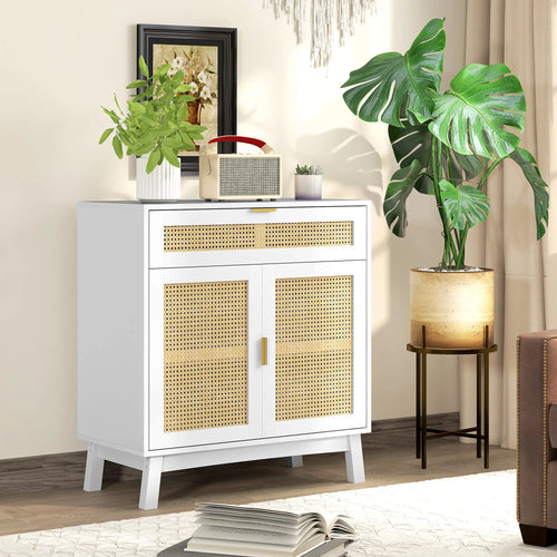 Boho Sideboard Cabinet, Rattan Doors, White