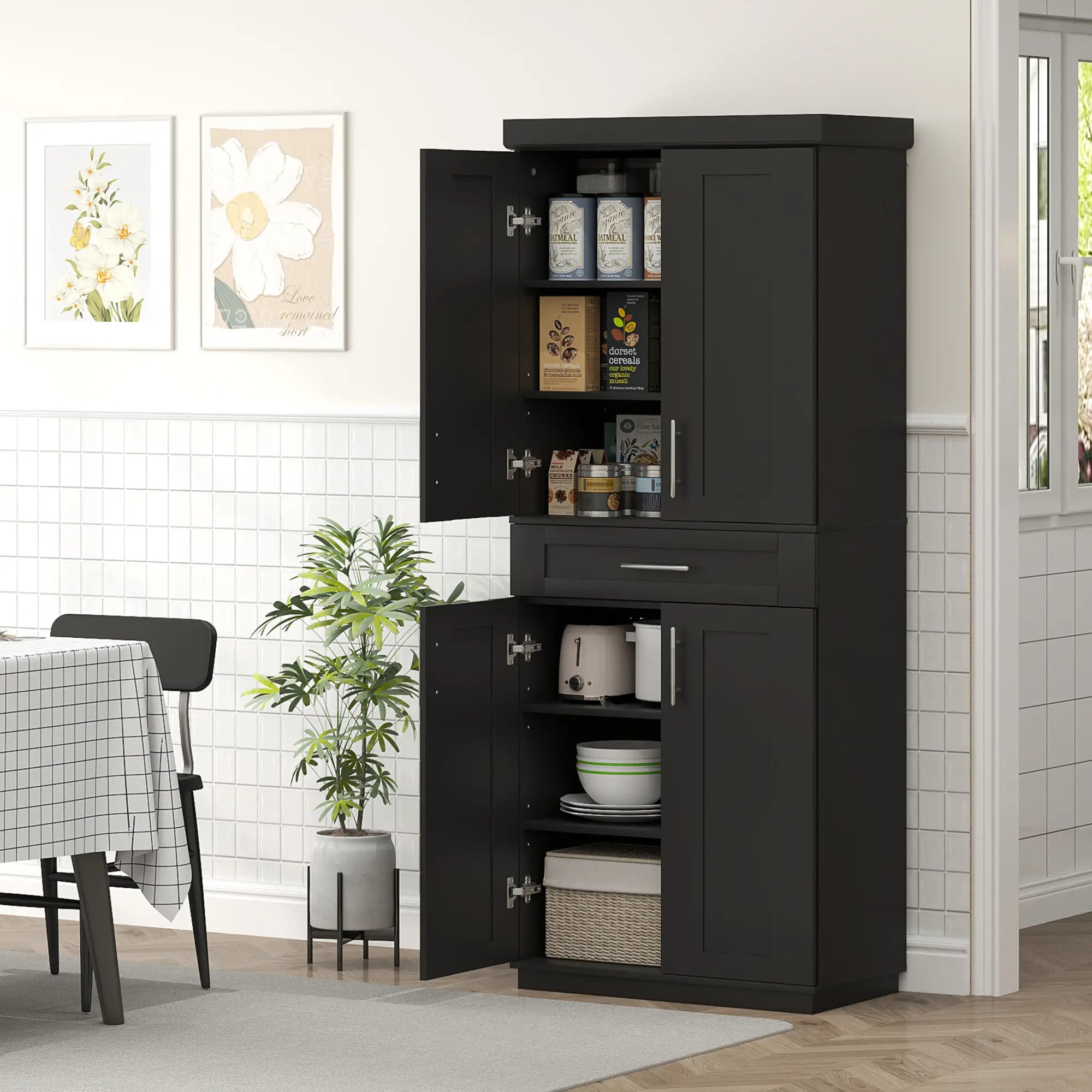 72 Storage Cabinet, 4 Doors, Drawer, 3 Adjustable Shelves, Black Kitchen Pantry Cabinets at Gallery Canada