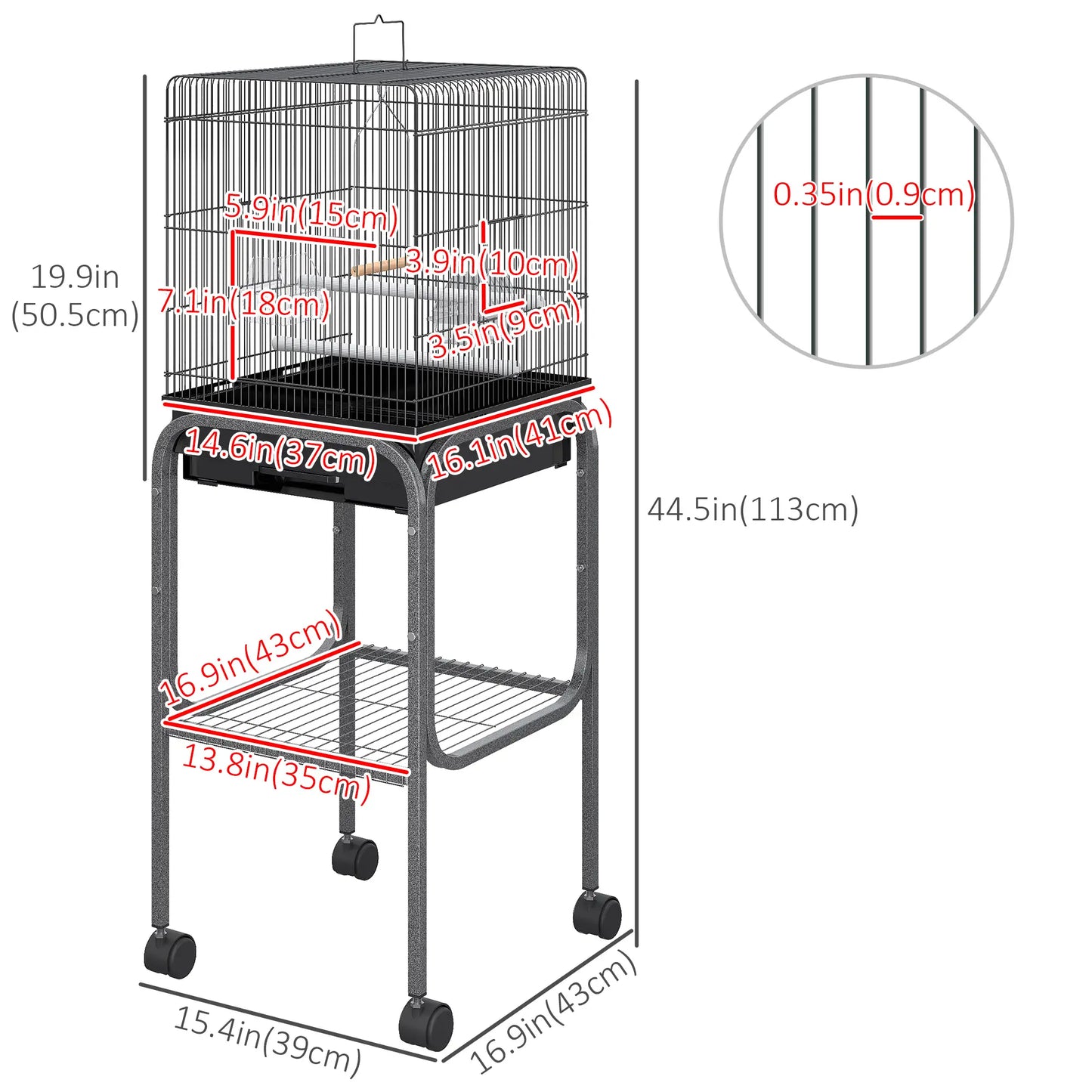 44.5"H Metal Bird Cage, Parrot Play Stand, Wheel, Storage Shelf, Black Bird Cages at Gallery Canada