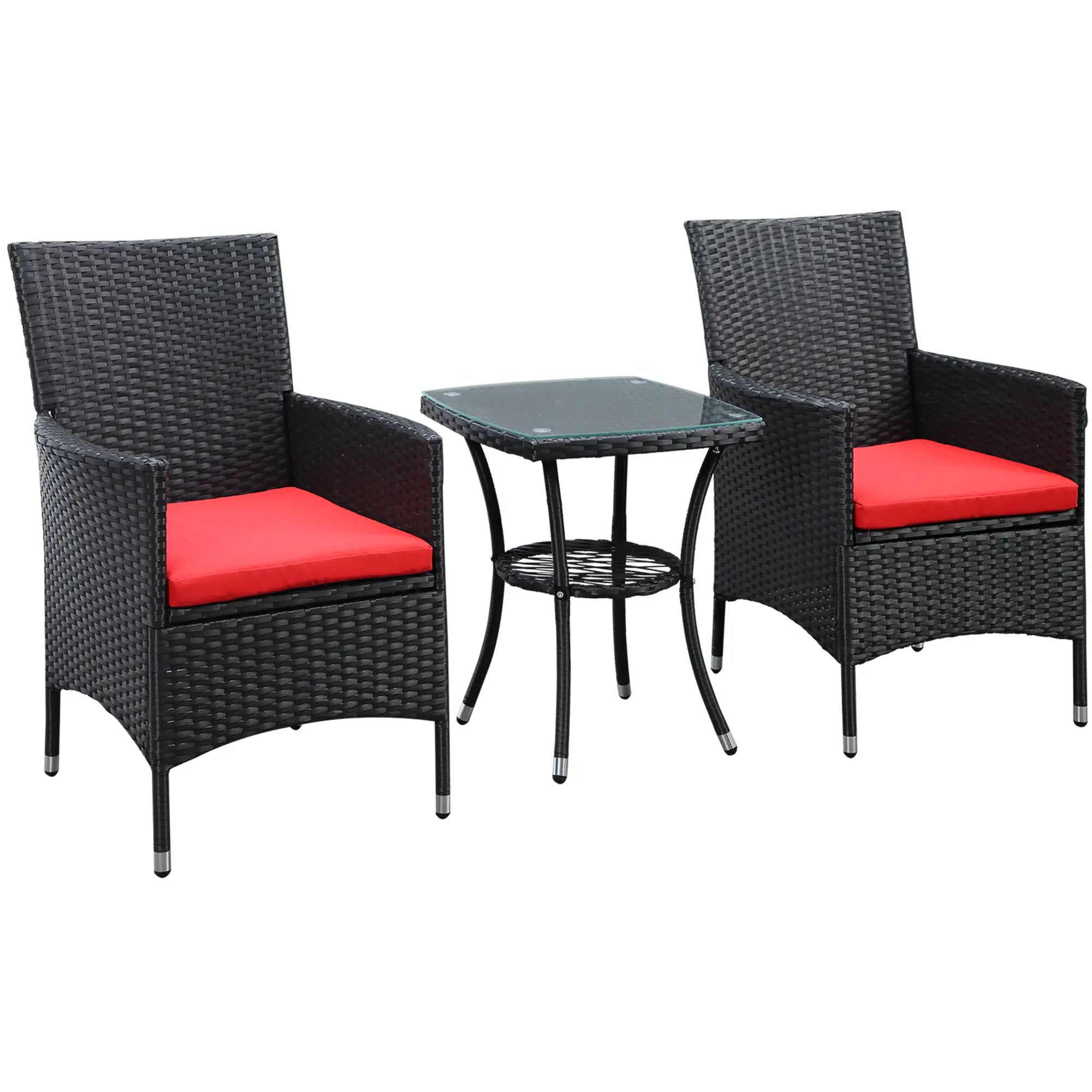 3-Piece Wicker Patio Set, Rattan Bistro with Glass Table, Cushions, Red Bistro Sets Black Rattan, Red Cushion at Gallery Canada