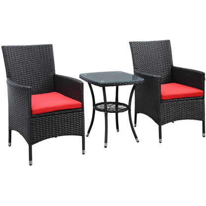 3-Piece Wicker Patio Set, Rattan Bistro with Glass Table, Cushions, Red Bistro Sets Black Rattan, Red Cushion at Gallery Canada