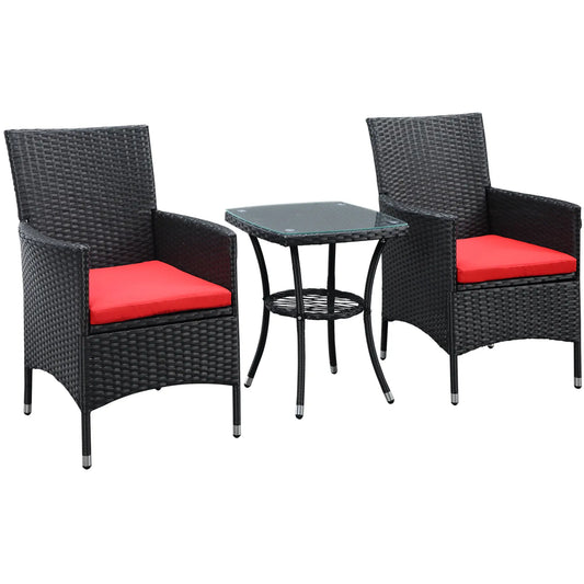 3-Piece Wicker Patio Set, Rattan Bistro with Glass Table, Cushions, Red Bistro Sets Black Rattan, Red Cushion at Gallery Canada