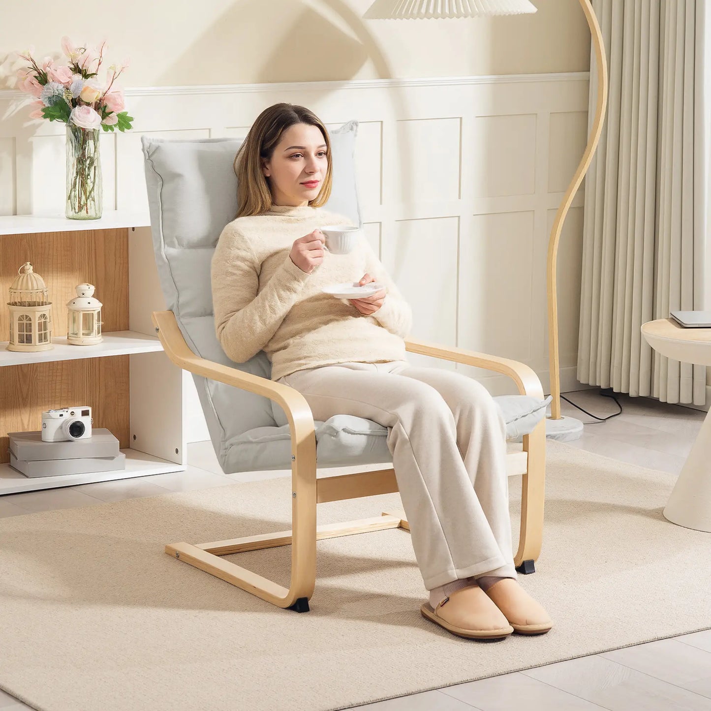 Birch Wood Fabric Modern Armchair, Curved Leg and Arm, Cream White Accent Chairs at Gallery Canada