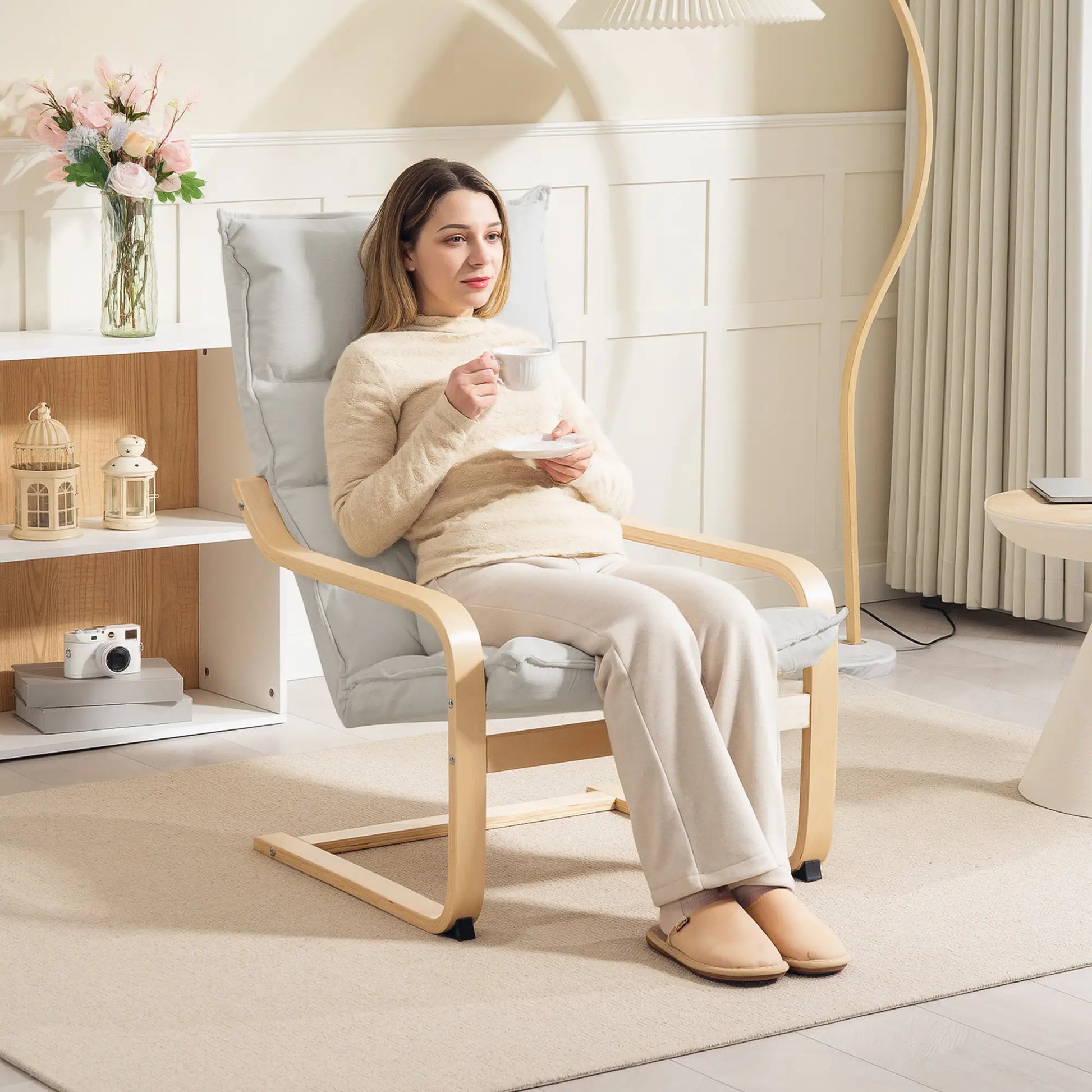 Birch Wood Fabric Modern Armchair, Curved Leg and Arm, Cream White Accent Chairs at Gallery Canada