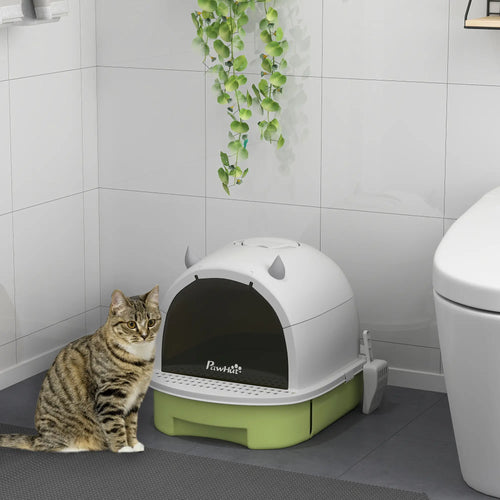 Cat Litter Box with Lid, Front Door Flap, Scoop, Handle, Easy Clean, Green