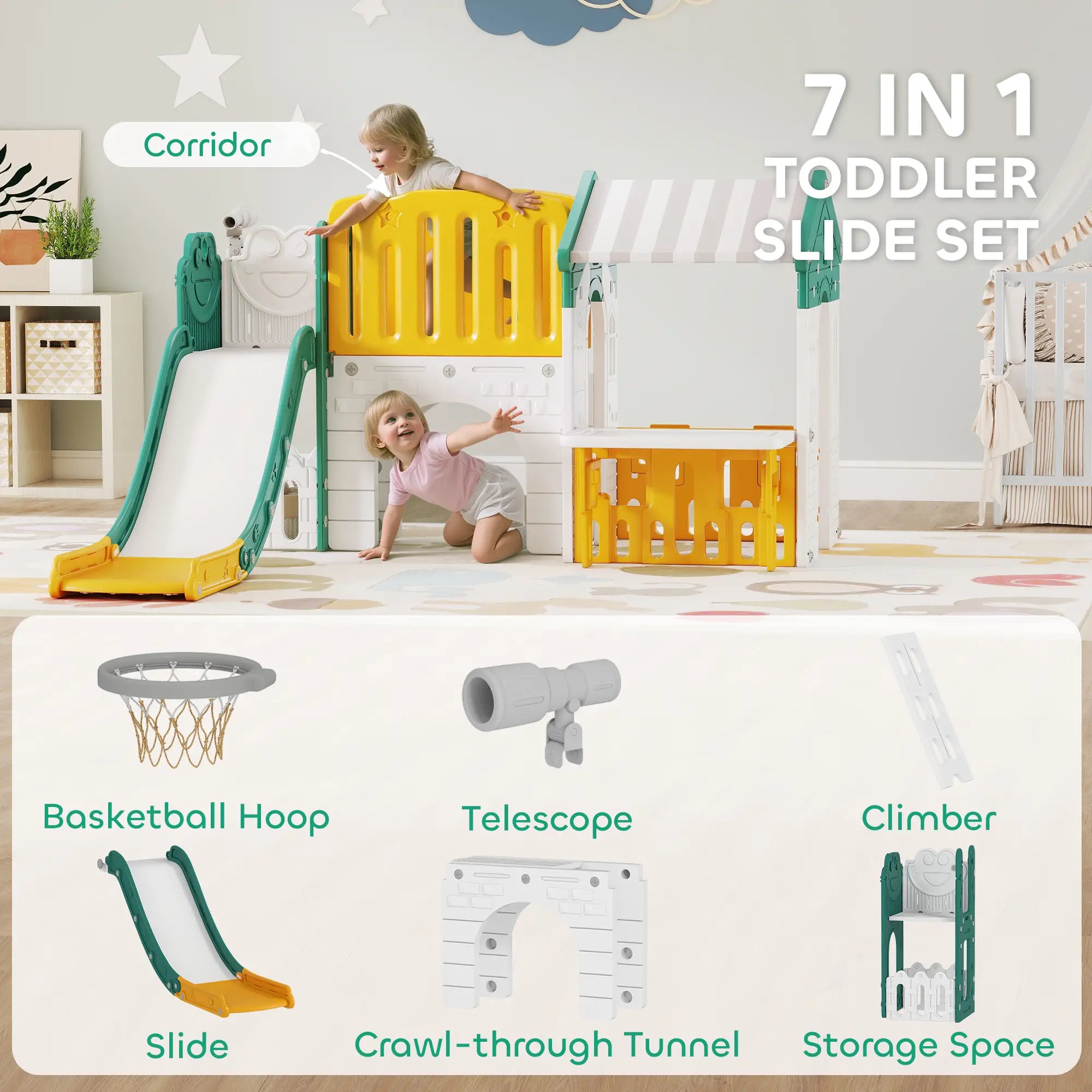 7-in-1 Toddler Slide Climber, Playhouse Basketball Hoop, Yellow Gym Sets & Swings at Gallery Canada