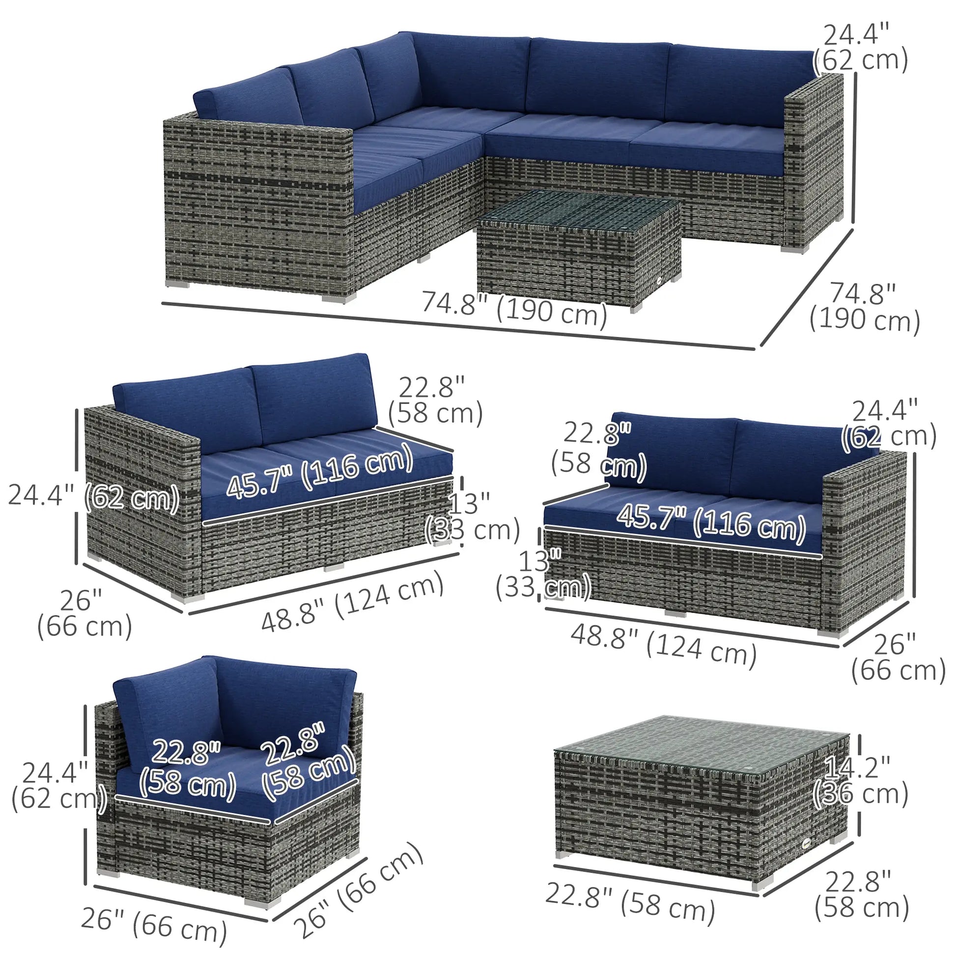 4pc Rattan Wicker Outdoor Furniture Set, Corner Sofa Loveseats Coffee Table, Navy Blue Patio Furniture Sets at Gallery Canada