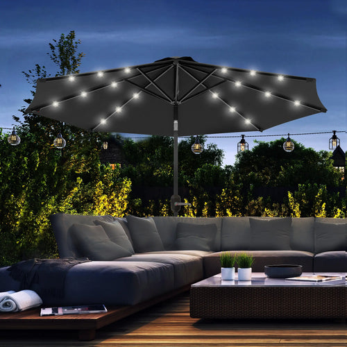 9ft Solar Patio Umbrella, 24 LED Lights, Tilt Canopy, Black