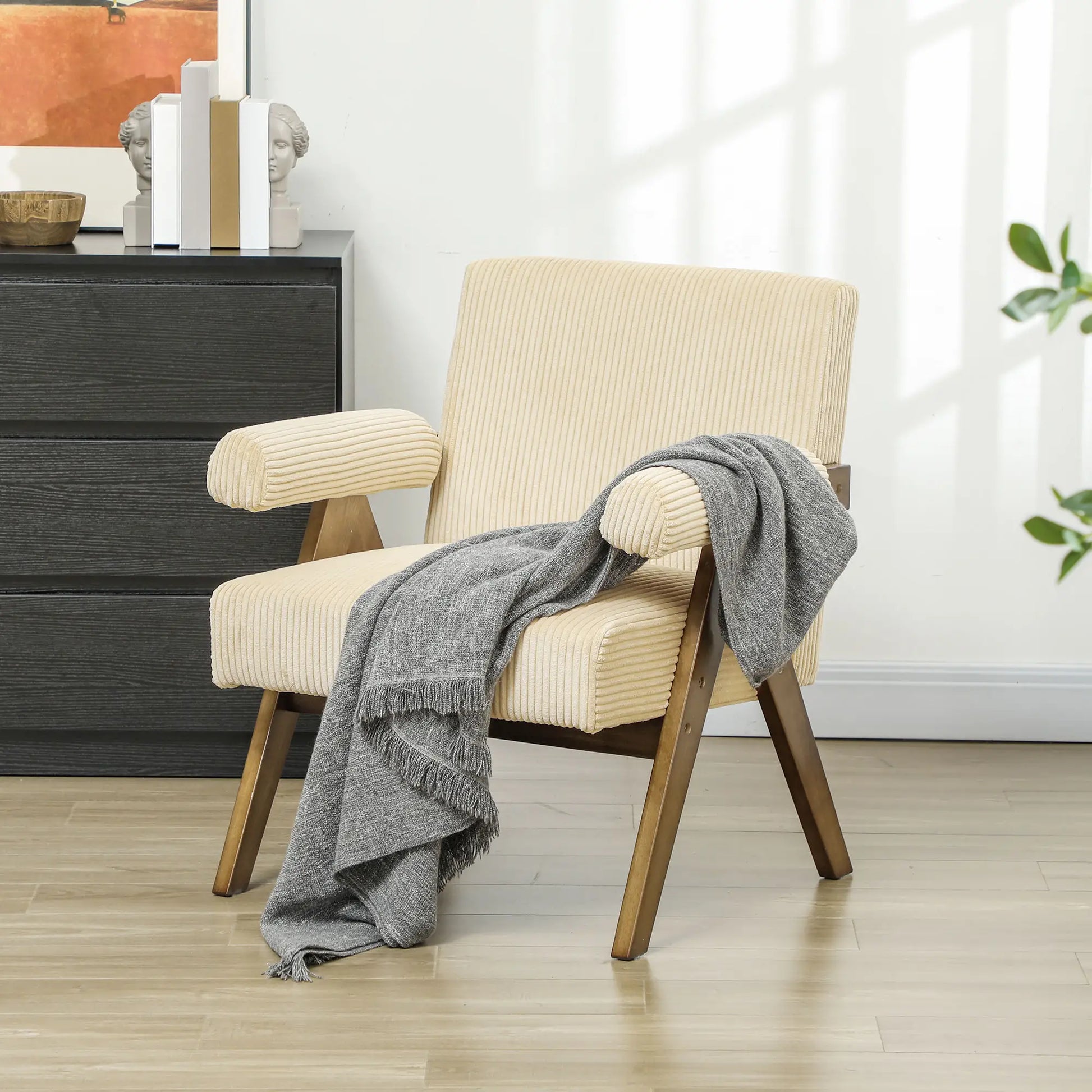 Corduroy Accent Chair, Wide Seat, Soft Padded Armrests, Beige Accent Chairs at Gallery Canada