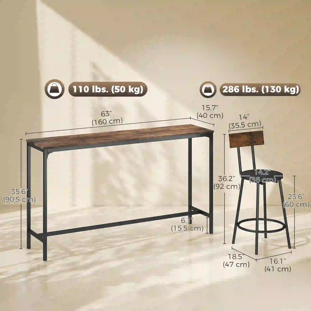 Bar Table Set, 4 PU Cushioned Barstools, Rustic Brown Bar Sets at Gallery Canada
