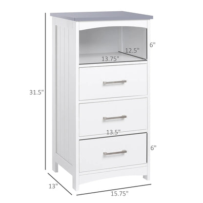 Small Bathroom Storage Cabinet, 3 Drawers, Open Shelf, White Bathroom Cabinets at Gallery Canada