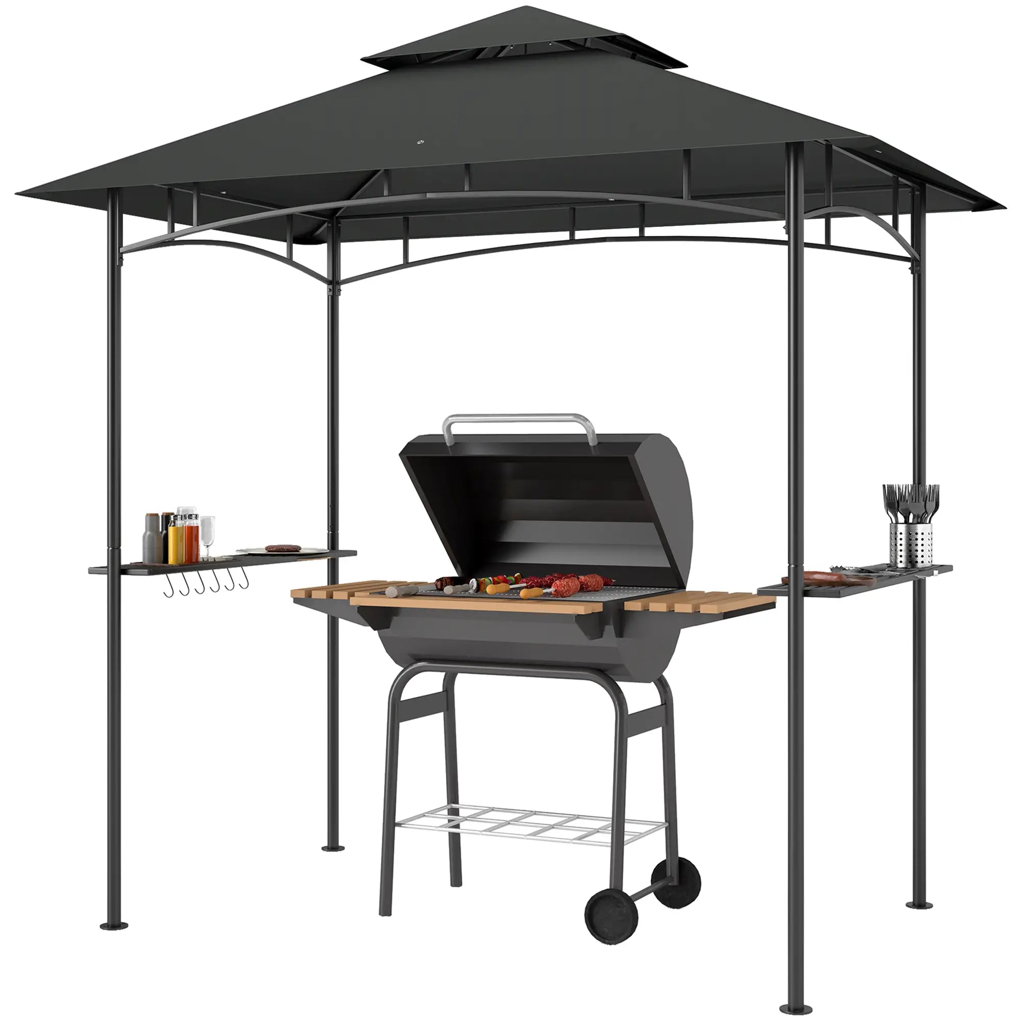 8' x 5' Outdoor Grill Gazebo, Double Tiered With Shelves, Dark Grey BBQ Grill Gazebos Dark Grey at Gallery Canada