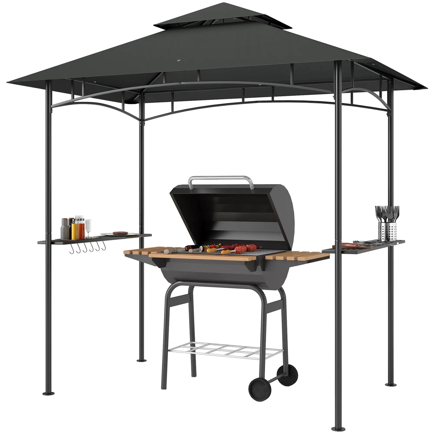 8' x 5' Outdoor Grill Gazebo, Double Tiered With Shelves, Dark Grey BBQ Grill Gazebos Dark Grey at Gallery Canada