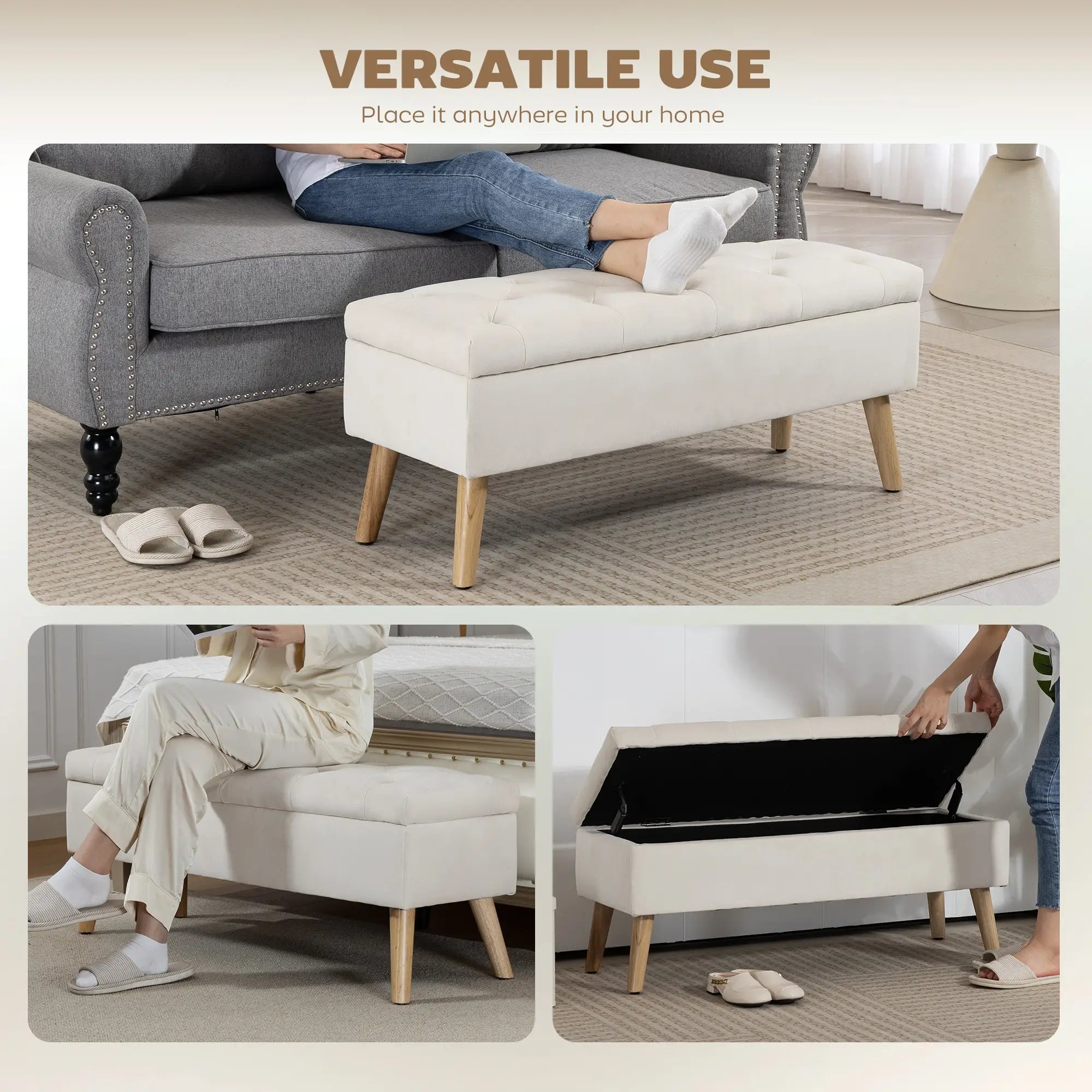 Storage Ottoman With Lid, Velvet Bench, Cream White Storage Ottomans & Benches at Gallery Canada
