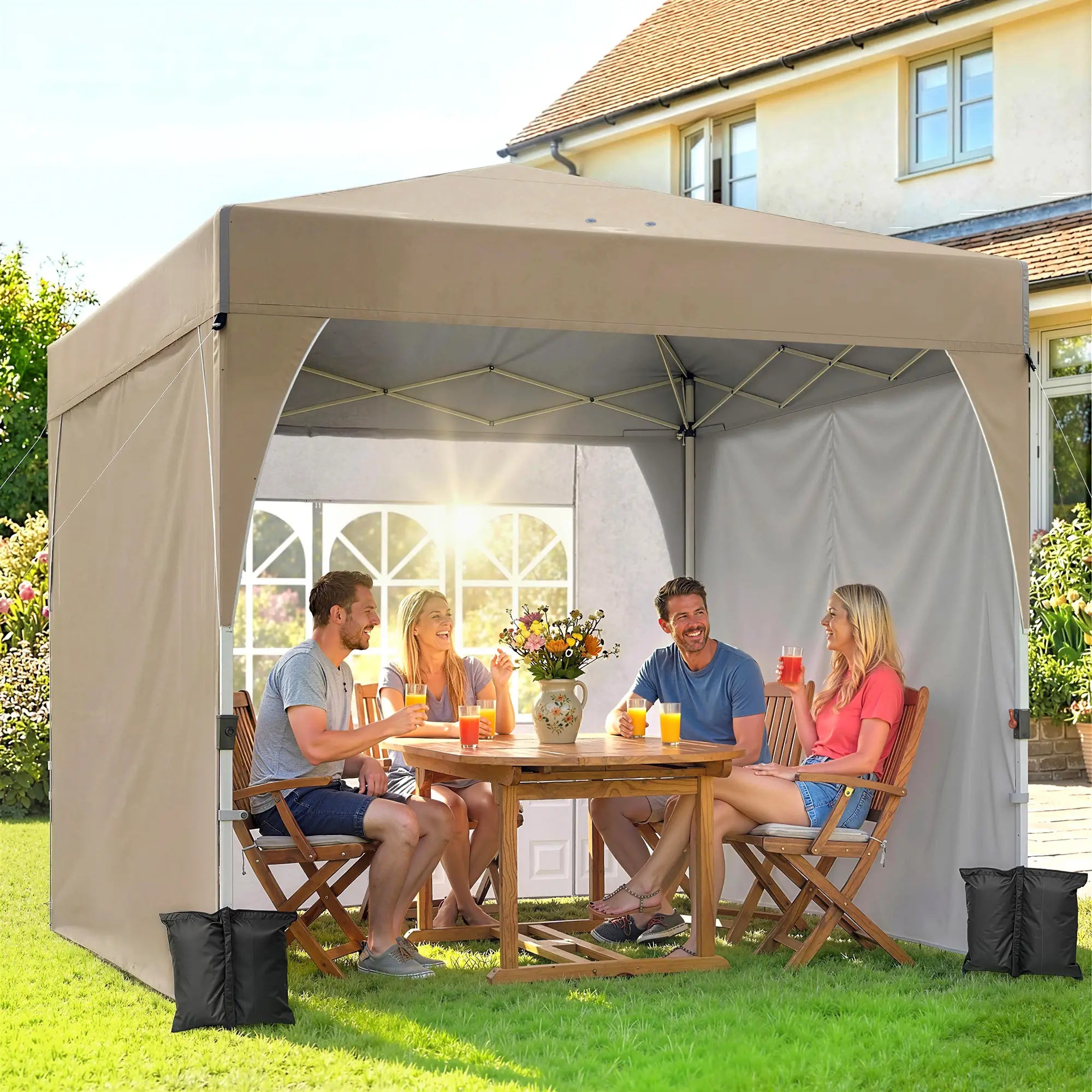9.6 x 9.6 ft Pop Up Canopy Tent, 3 Sidewalls, UPF 50+, Khaki Pop Up Canopies at Gallery Canada