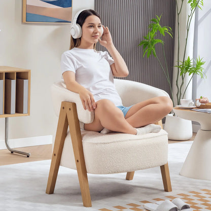 Sherpa Fleece Accent Chair, Upholstered Armchair with Wood Legs, White Accent Chairs at Gallery Canada
