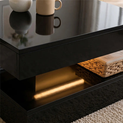 LED Coffee Table with Storage, 2-Tier Modern Center Table with Open Shelf and Remote for Living Room, High Gloss Black Coffee Tables at Gallery Canada