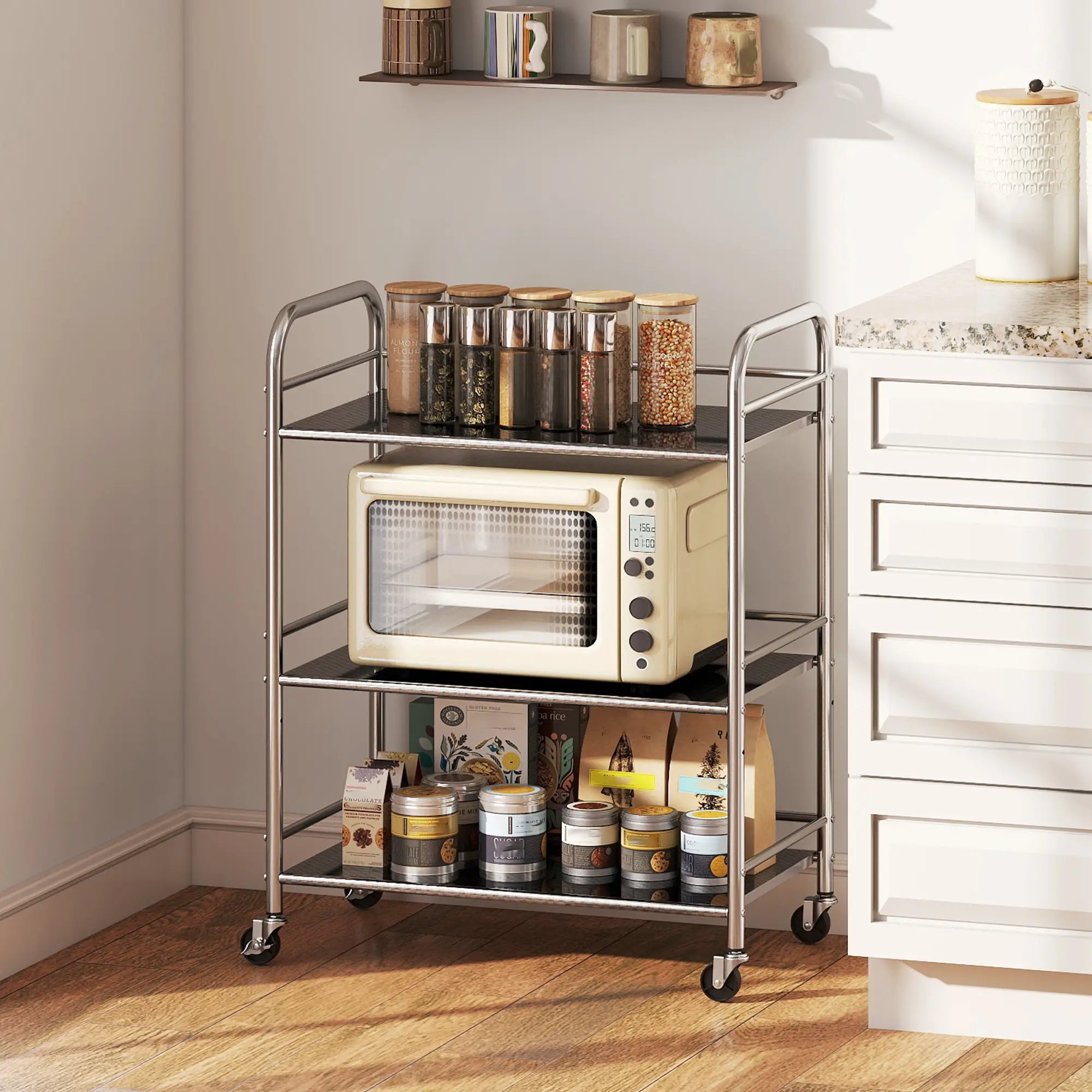 3 Tier Stainless Steel Rolling Cart, Adjustable Shelf, Wheels, Silver Kitchen Islands & Kitchen Carts at Gallery Canada
