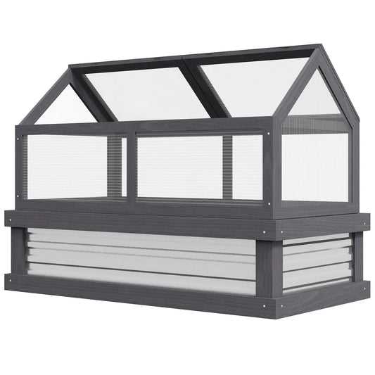 Raised Garden Bed Kit With Greenhouse, Wooden Cold Frame Planter, 48" x 24" x 32", Grey