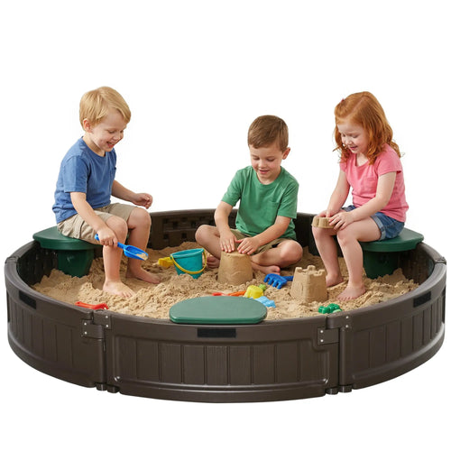 Kids Outdoor Sandbox with Cover, Waterproof Canopy, Fabric Liner, Brown