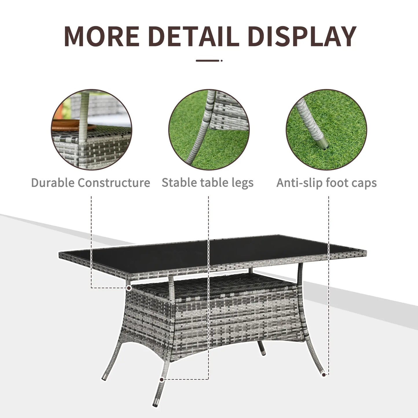 Garden Dining Table, Rattan with Glass Top, Storage Shelf, 59" x 34" x 29", Grey Outdoor Dining Sets at Gallery Canada