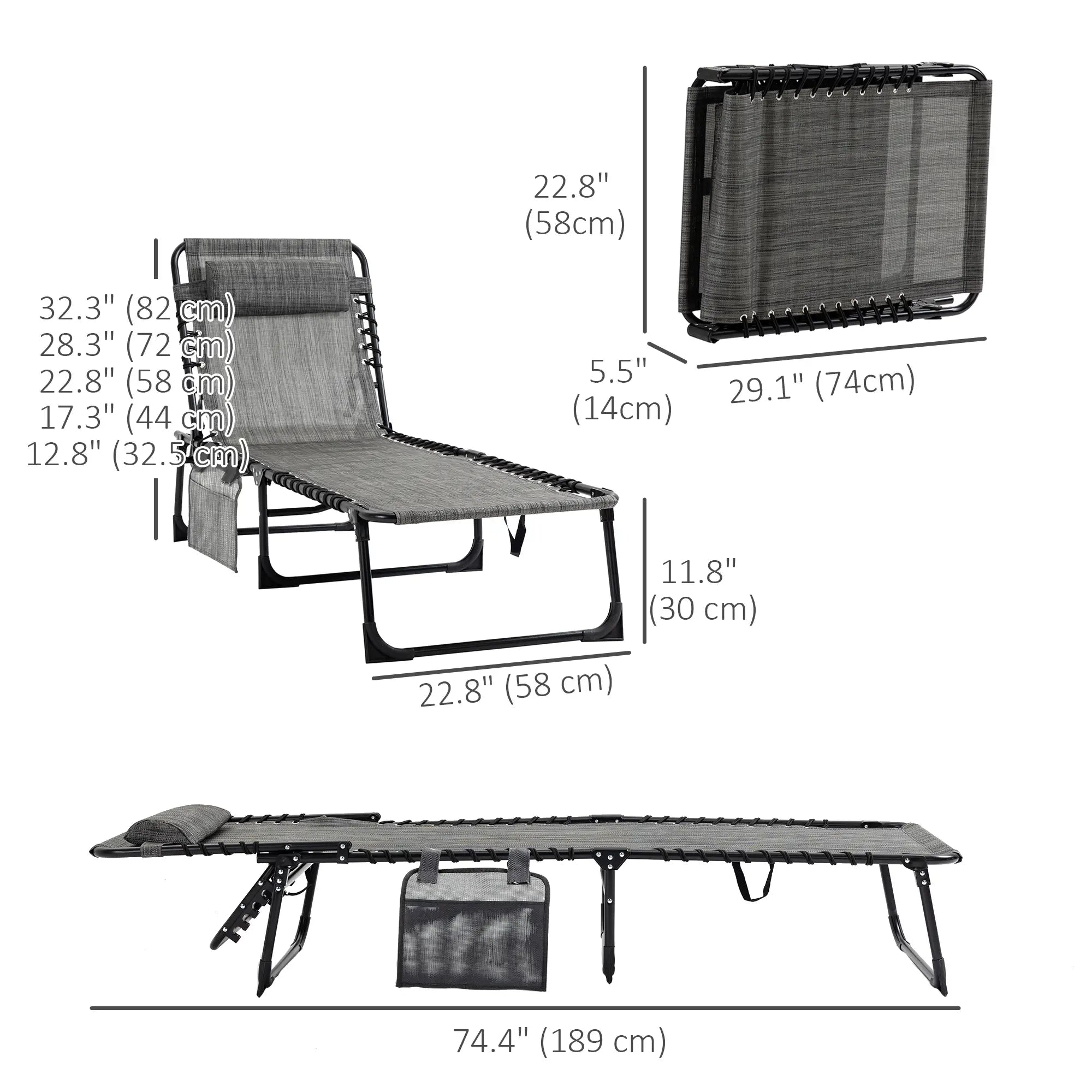 Outdoor Folding Chaise Lounge, Adjustable Backrest, Removable Pillow, Mixed Grey, Grey Lounger Chairs at Gallery Canada