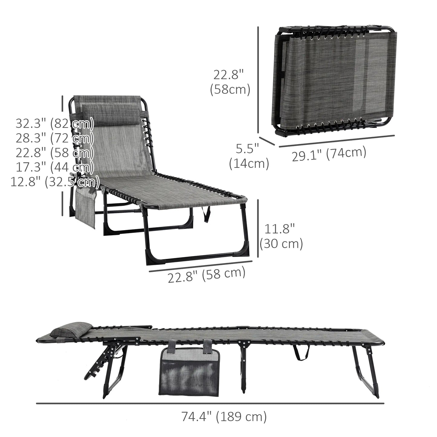 Outdoor Folding Chaise Lounge, Adjustable Backrest, Removable Pillow, Mixed Grey, Grey Lounger Chairs at Gallery Canada