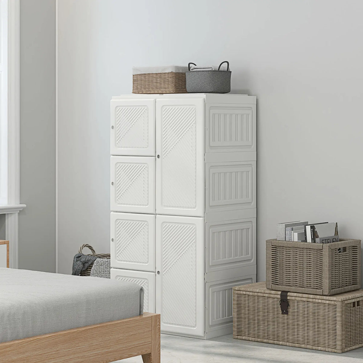 Portable Wardrobe, Foldable Clothes Organizer, 8 Compartments, Magnet Doors, White