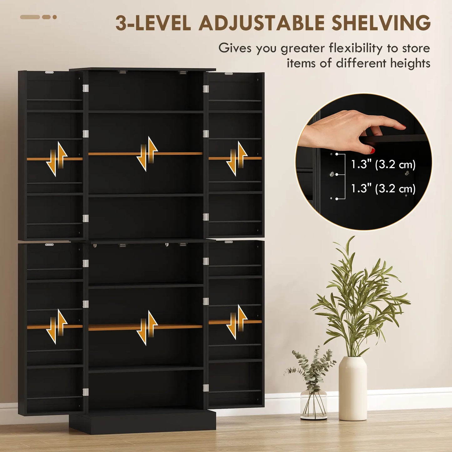 65" Kitchen Cabinet, Pantry With 4 Doors, 16 Shelves, Black Kitchen Pantry Cabinets at Gallery Canada