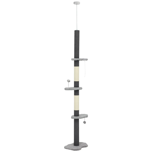 88.5"-100.5" Floor to Ceiling Cat Tree, Scratching Posts, Cloud Platforms, Dangling Balls, Grey Floor to Ceiling Cat Trees Grey at Gallery Canada