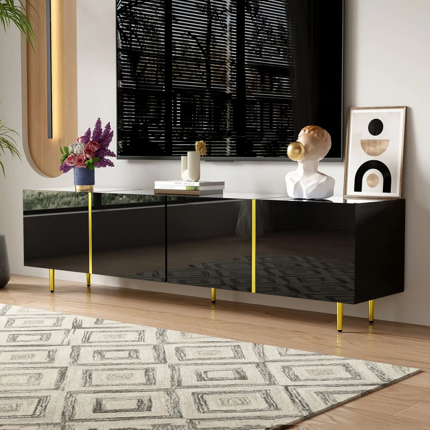 Modern TV Stand, 4 Doors, Soft-Close Hinges, 67" L x 13.5" W x 18" H, Black TV Stands at Gallery Canada