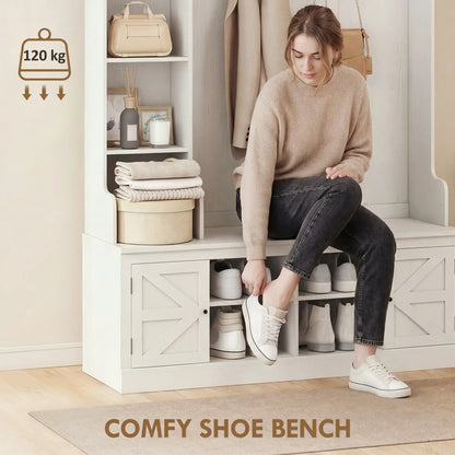 Hall Tree Bench With Shoe Storage, 12 Shelves, 2 Cabinets, 5 Hooks, White Clothing Storage at Gallery Canada