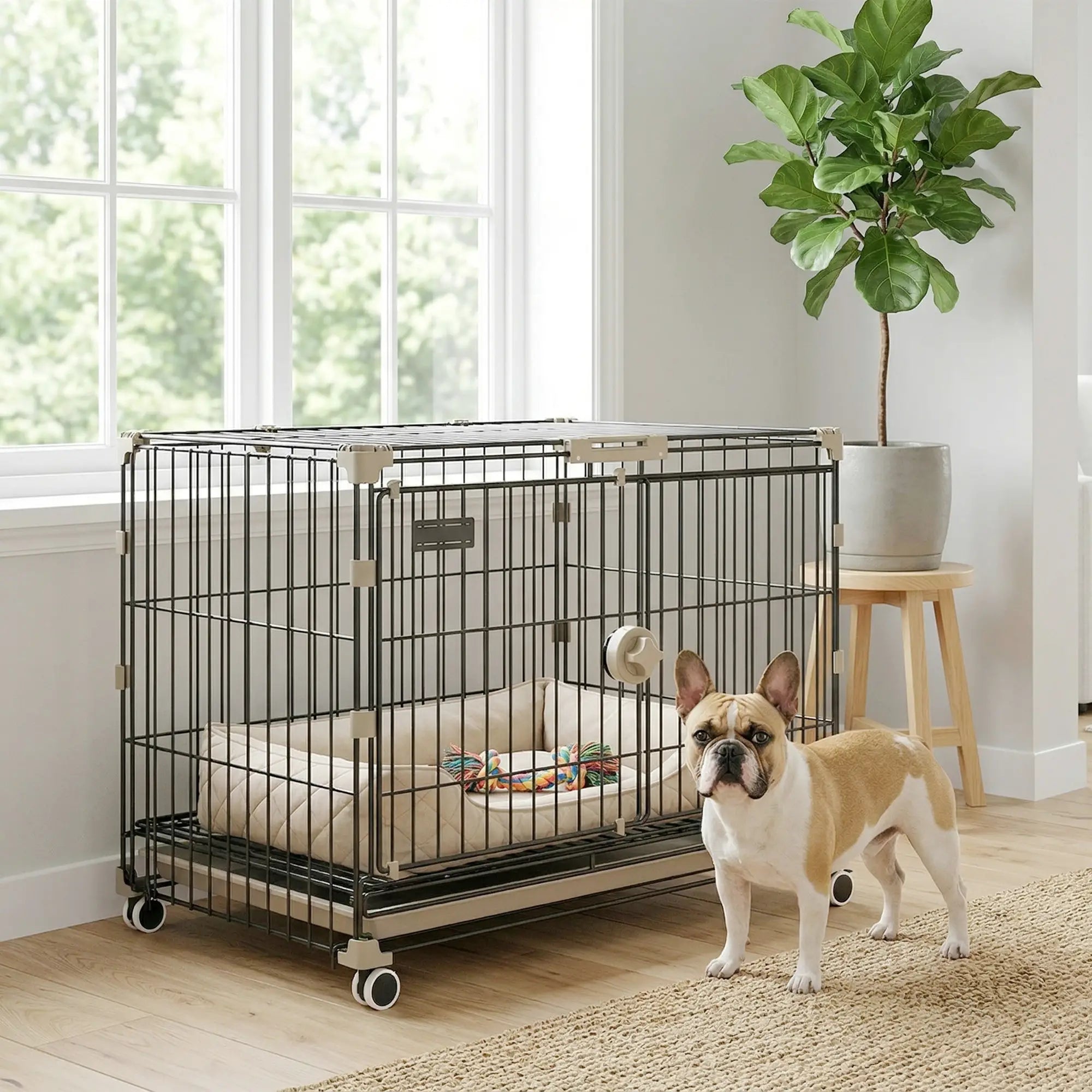 Foldable Dog Crate, 24 Inch Metal Cage, Removable Tray, Lockable Wheels, Black Dog Cages & Crates at Gallery Canada